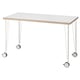 LAGKAPTEN white tabletop with symmetrical square pattern on white hairpin legs with castors.