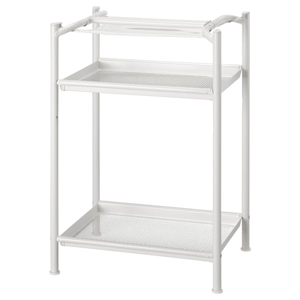 White metal desk with two shelves for storage, designed for organising workspace efficiently.