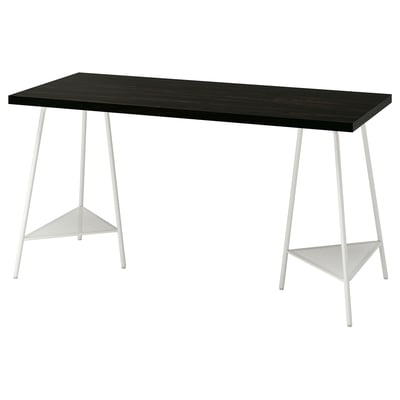 LAGKAPTEN desk: rectangular dark brown top, white triangular legs, minimalist design.