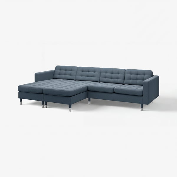 Modern grey sectional sofa with chrome legs, tufted design, and removable armrests.