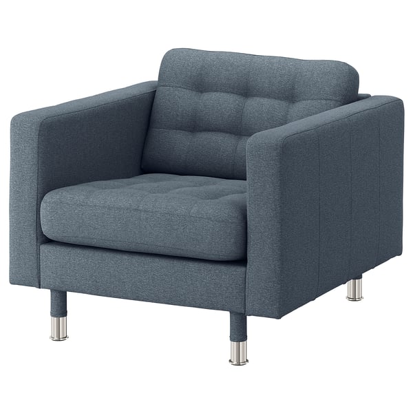 LANDSKRONA armchair, dark blue, modern design. Soft fabric, chrome legs, boxy shape.