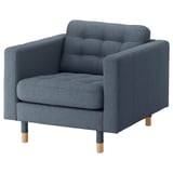 Modern gray fabric armchair, square shape, wooden legs.