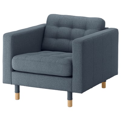 Modern gray fabric armchair, square shape, wooden legs.