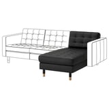 Modern l-shaped black leather sofa, tufted cushions, wood legs.