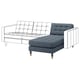 Modern l-shaped sofa, blue-gray fabric, wooden legs, high back, cushioned seats.