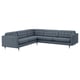A modern blue l-shaped landskröna sectional sofa with tufted backrests and chrome legs.