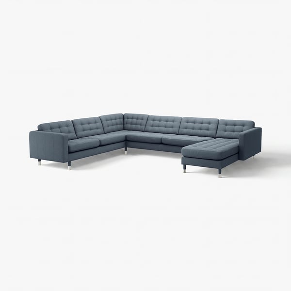 U-shaped sectional sofa in blue-grey fabric with chrome legs.