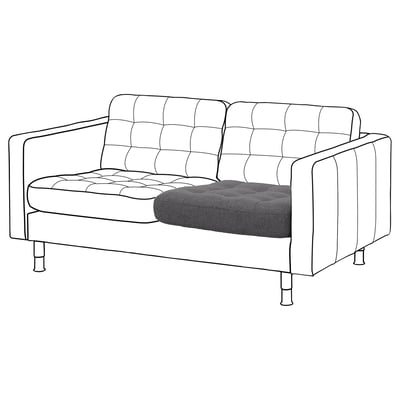 A modern gray loveseat with tufted back and seat cushions, supported by metal legs.