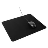 Black mouse pad with a wired mouse on it. Suitable for gaming with smooth surface and non-slip bottom.