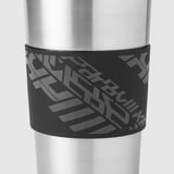 Silver insulated mug with black silicone sleeve featuring gray geometric design.