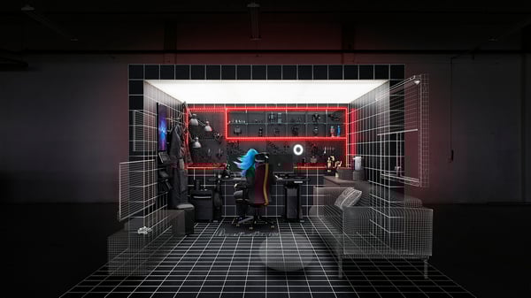 D virtual gaming room with wireframe, neon lights, and a blue-haired character on a red gaming chair, facing shelves of equipment.