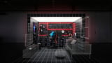 D virtual gaming room with wireframe, neon lights, and a blue-haired character on a red gaming chair, facing shelves of equipment.