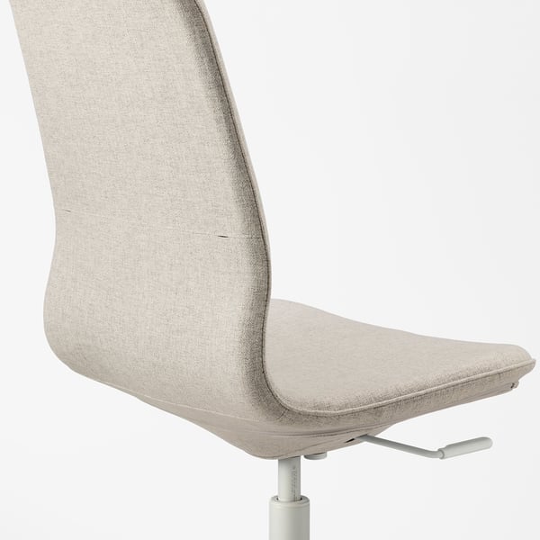 Modern office chair with high back, light fabric, adjustable height, and tilt mechanism. Ideal for comfort and support.
