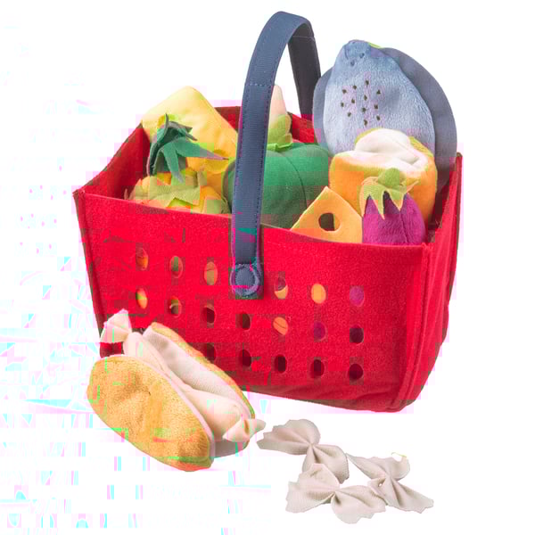 Stuffed toy shopping basket with assorted fabric food items, red color, felt material, and playful design.