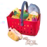 Stuffed toy shopping basket with assorted fabric food items, red color, felt material, and playful design.