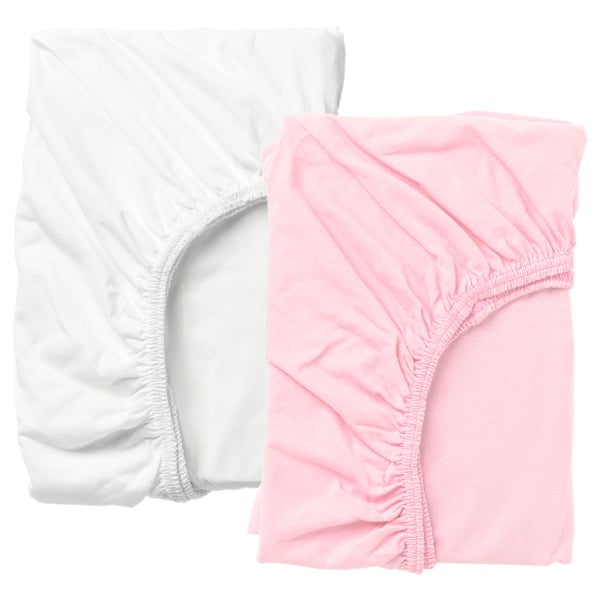 White and pink fitted sheets. They feature elastic edges for secure fit. Made of 100% cotton, they have a soft, natural look and feel.
