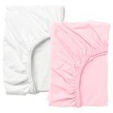 White and pink fitted sheets. They feature elastic edges for secure fit. Made of 100% cotton, they have a soft, natural look and feel.