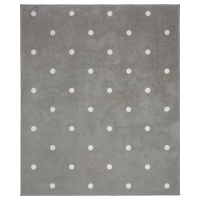 Grey rug with white dots, square shaped, soft nylon surface with rubber backing.
