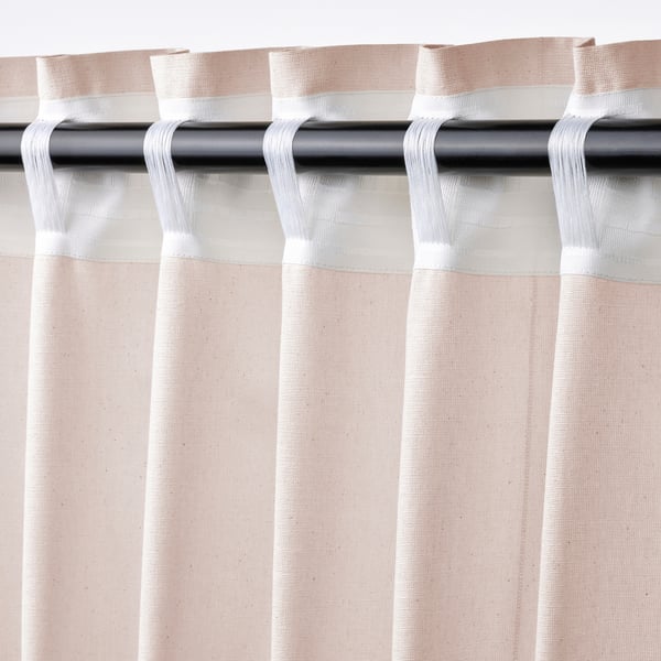 Curtain close-up: sheer fabric with light pink and white stripes, rod pocket header, and pleats.