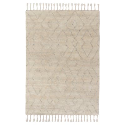 A beige, rectangular LENTÅTEL rug with subtle geometric patterns and braided fringes, crafted from wool and cotton.