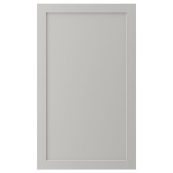 A LERHYTTAN grey kitchen cabinet door with a wooden frame and beveled edges.