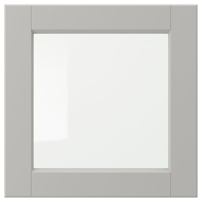 LERHYTTAN grey kitchen cabinet in square shape with bevelled wooden edges and clear glass center.