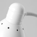 Modern floor lamp with adjustable neck, sleek white design, standing on a grey background.