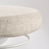 Round, light gray office chair with soft, textured fabric and metallic base, designed for comfort and support.