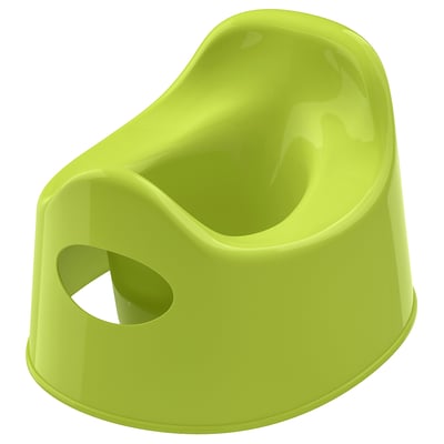 Bright green, child-sized toilet training chair. Curved edges, non-slip base, easy to clean.