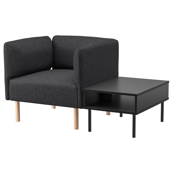 LILLEHEM modular armchair, gray, wood legs, attachable side table, cozy.