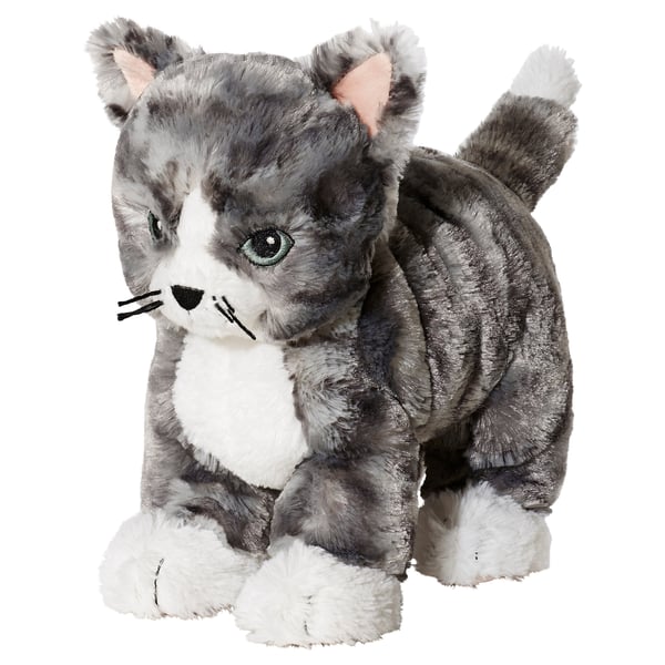 LILLEPLUTT kitten toy: grey and white plush, soft, huggable, friendly design.