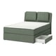 Depicts a green LILLFJÄLLET divan bed with built-in storage drawers, headboard cushions, and a slatted base.