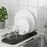 Kitchen dish rack LILLHAVET fits over sink or counter, dries plates, glasses, and cutlery. Black rack with 5 plate capacity.
