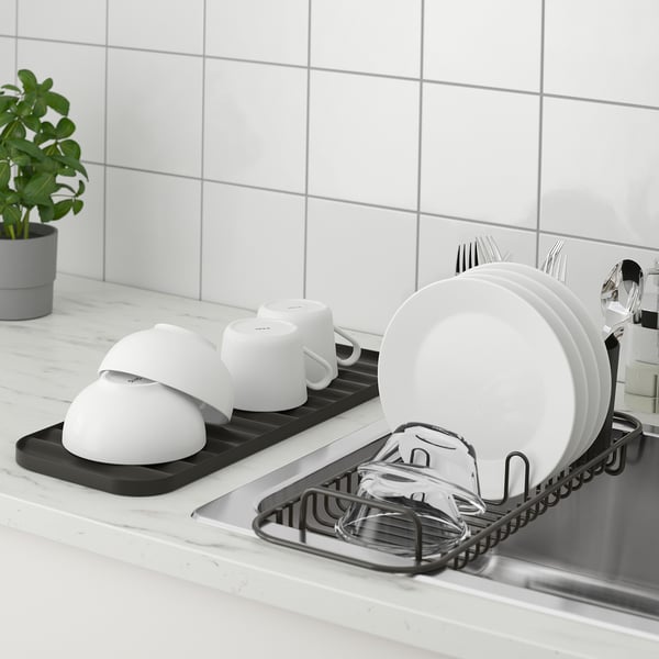 Stainless steel dish rack fits over sink, dries 5 plates, mugs, and cutlery. Part of the LILLHAVET series.