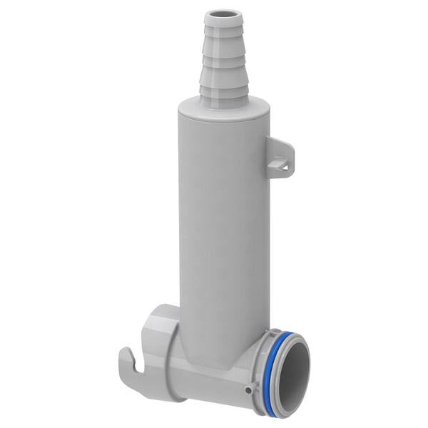 A LILLVIKEN grey plastic water-trap connector, with a cylindrical body, and two hooks for mounting.