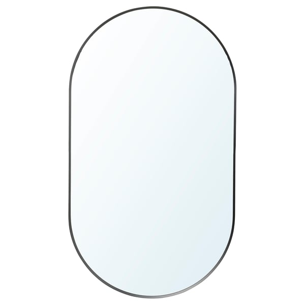 LINDBYN mirror, grey, oval, wall-mounted, aluminium frame, safety film.