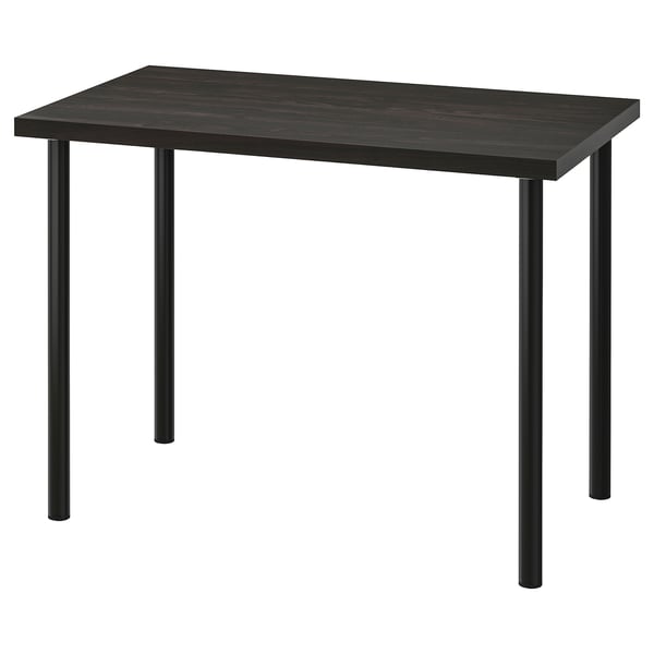Black LINNMON rectangular desk, metal legs, dark wood top.