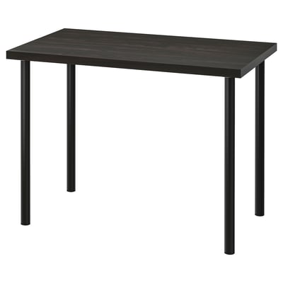Black LINNMON rectangular desk, metal legs, dark wood top.