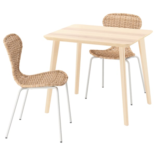 Natural wooden table and woven chairs set. Sturdy design, light wood tone, perfect for dining or study.