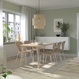 Stylish dining set with light wood table and chairs, pendant light, green walls, natural light.