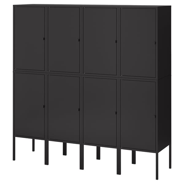 Black LIXHULT steel cabinet, sleek modern design, with eight doors and legs.