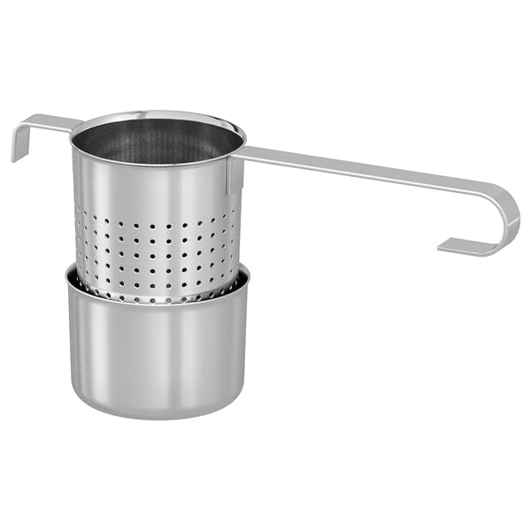 LJUDLÖS tea infuser and holder, stainless steel, hangs on cup edge, drip-free design.