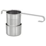 LJUDLÖS tea infuser and holder, stainless steel, hangs on cup edge, drip-free design.