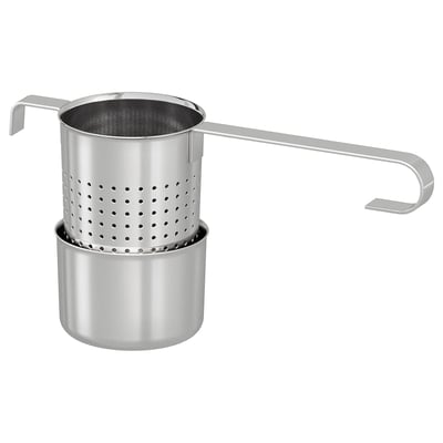 LJUDLÖS tea infuser and holder, stainless steel, hangs on cup edge, drip-free design.