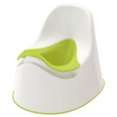 A white and lime green childrens toilet training seat called LOCKIG. It a comfy and slip-resistant design, with an easy-to-clean removable insert.