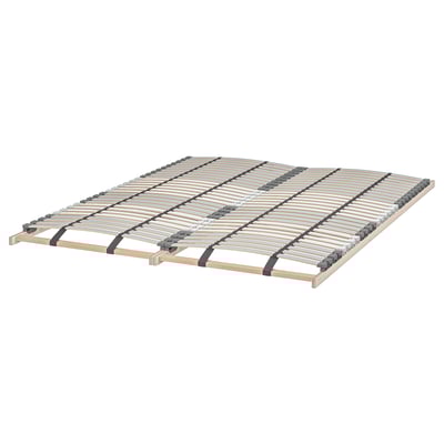LÖNSET bed base: wooden slats, beech-brown, curved, supporting mattress, light design.