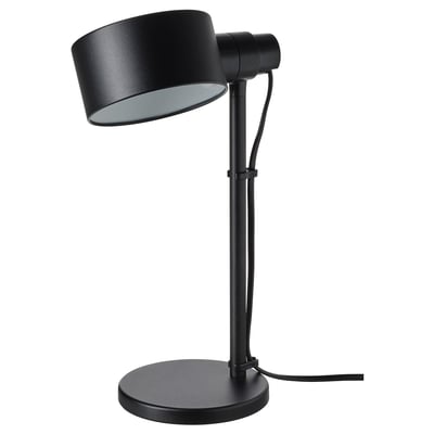 LÖVMÅNAD black table lamp with adjustable, round shade on a single stem base, ideal for reading.