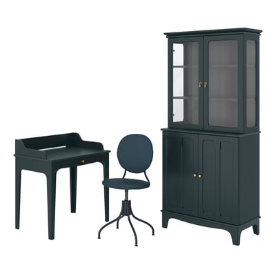 Black desk, chair, and cabinet set for home office.