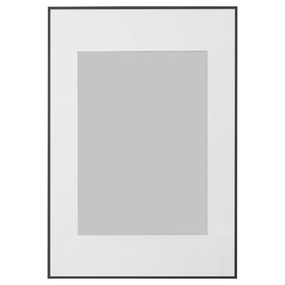 LOMVIKEN picture frame, black, rectangular, with grey mat, thin metal edge.