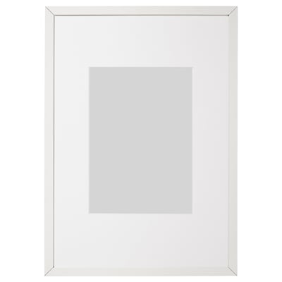 White LOMVIKEN photo frame with thin metal edge, rectangular shape, and front protection.